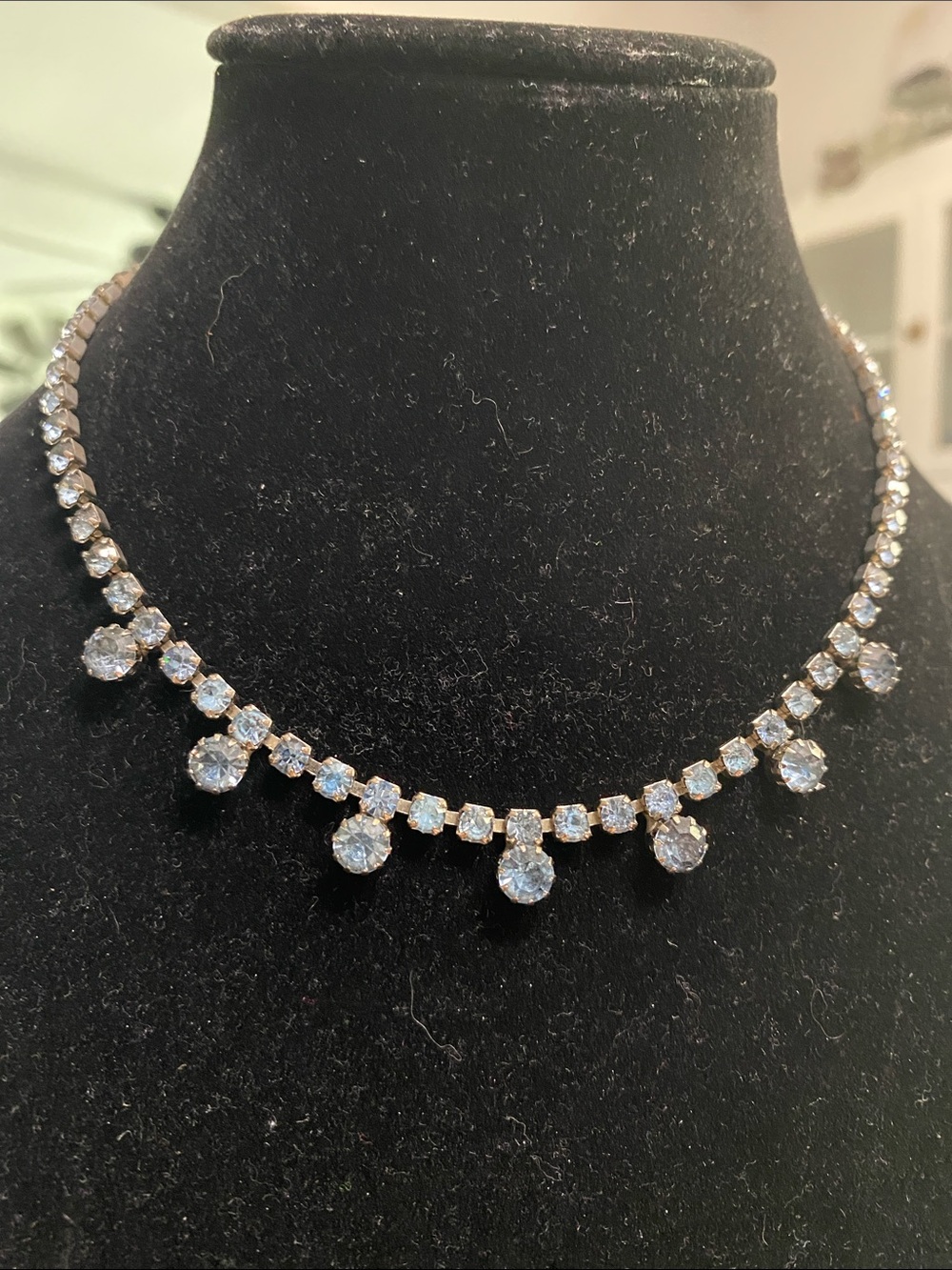 VTG Crystal Drop Blue Tennis Necklace - Clear Rhodium Finish